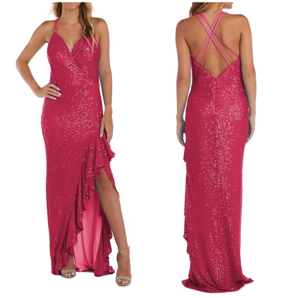 Morgan & Co Fuchsia Sequined Prom High Low Formal Dress NWT - Picture 1 of 7